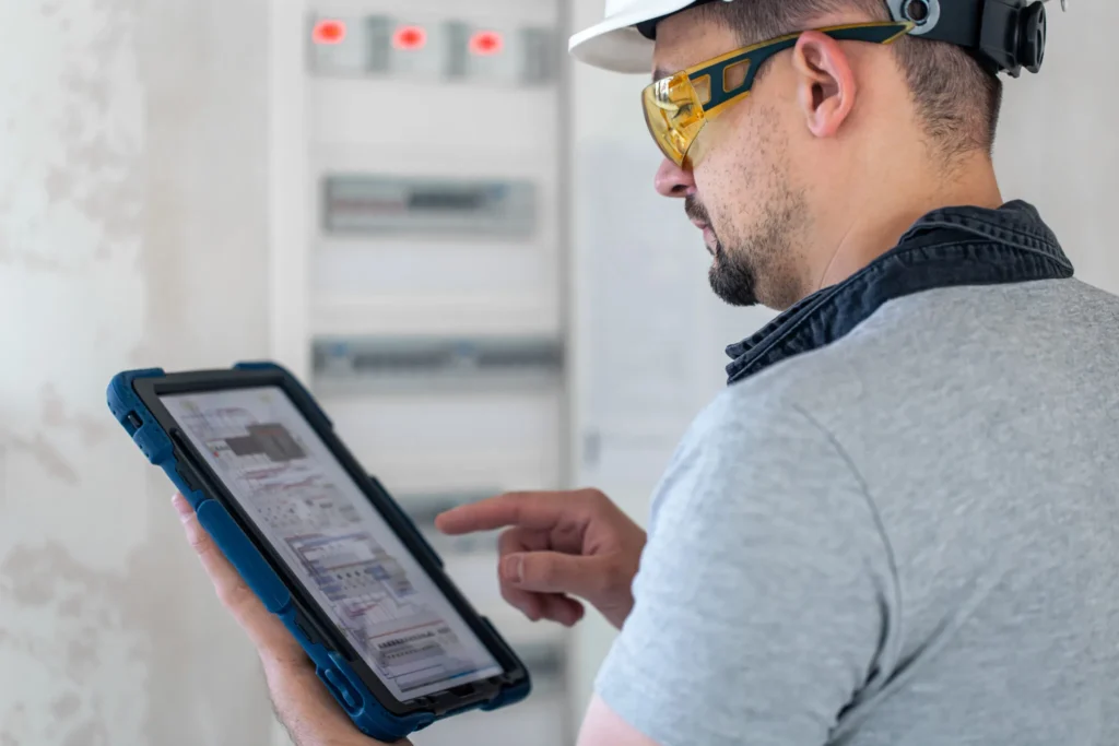 electrical technician looking focused while working switchboard with fuses