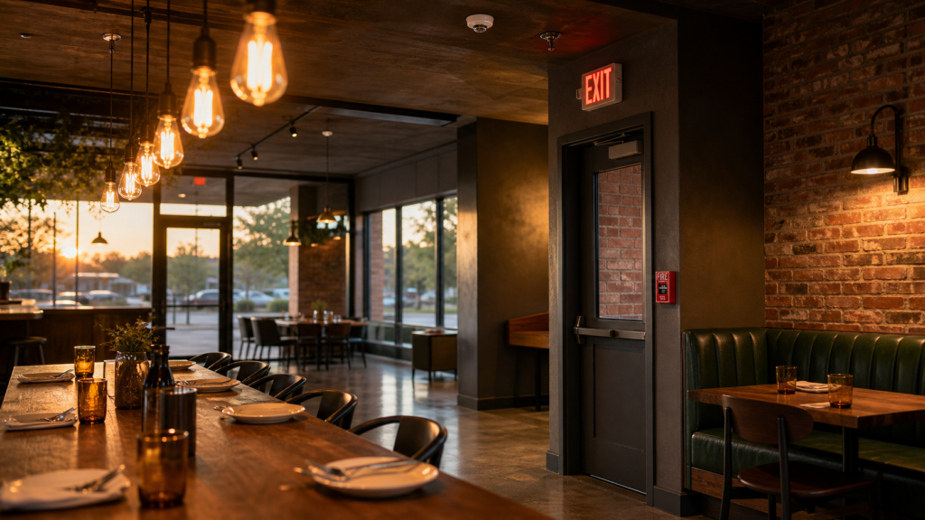 Warm industrial café ambiance at dusk